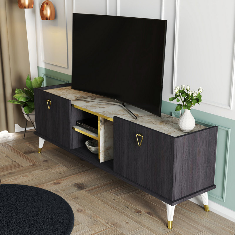 Meuble télé pour téléviseur de 65 po ou moins, Anthracite / or / blanc