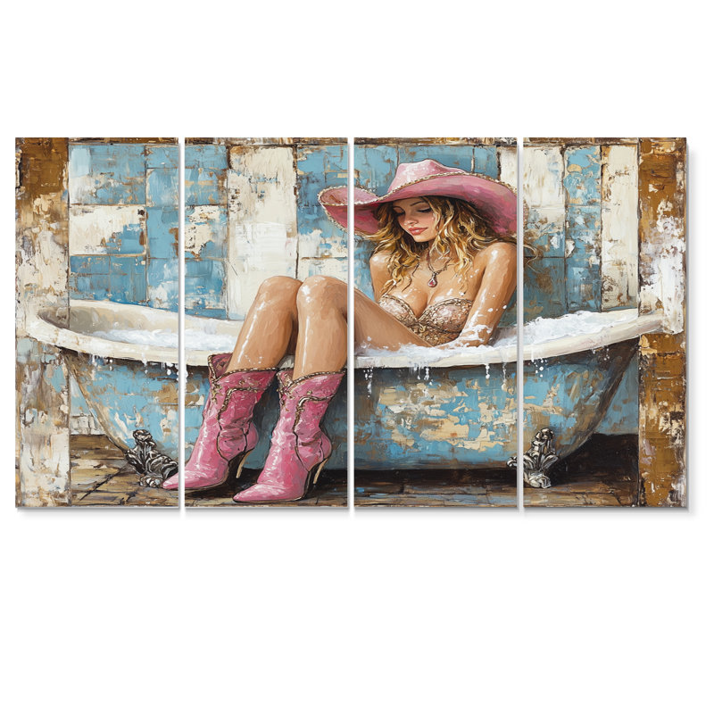Cowgirl prenant un bain dans une ferme - ensemble d'art sur toile de salle de bain, H 32 po x l 64 po
