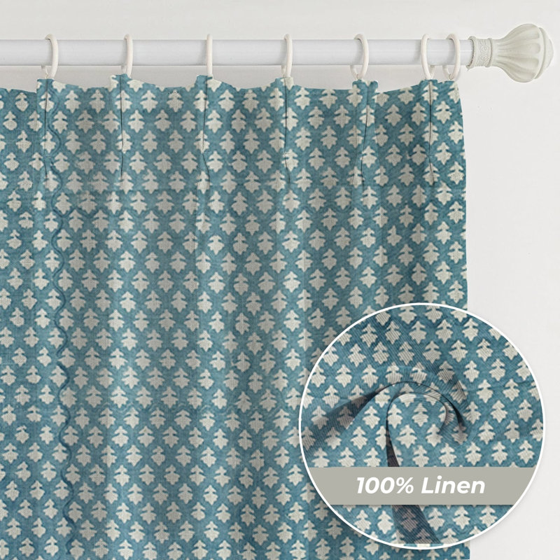 Fabdivine Handmade Block Print Floral Light Blue 2 Panel Set, Soft or Boho Pure Linen Pinch Pleated Curtains Perfect for Kitchen and Window Door 27x96 Inches Farmhouse 100% Blackout, Pinkcity