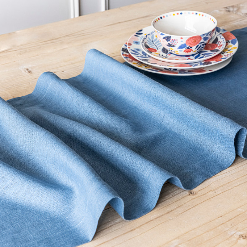 over&back Washed 100% Linen Table Runner - Machine Washable, Blue, 18" W x 108" L