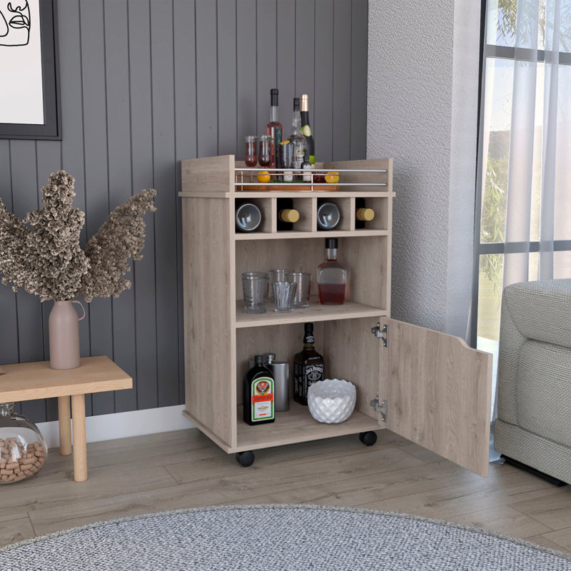 Chariot-bar avec 2 tablettes ouvertes, 4 casiers à vin et une armoire de rangement à portes battantes, Beige