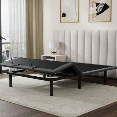 Queen Adjustable Bed Base Os4 In Black And Grey Split Top Appearance, Providing Head Foot Positions, Zero Gravity One - Touch Return To Flatness Feature, Extra Strength Frame Enhancement Method,