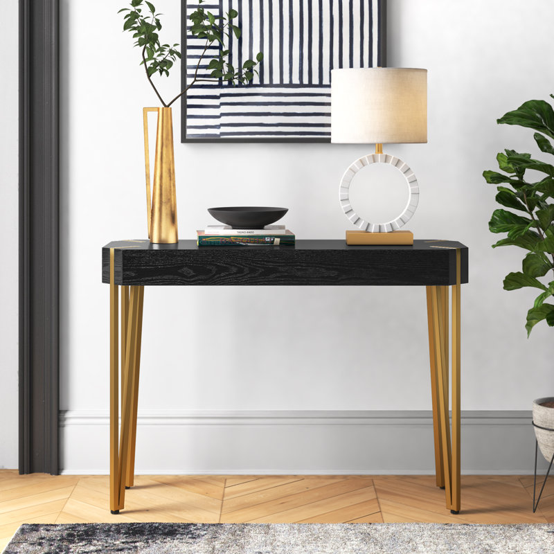 Modern Black Wood and Gold Metal 45'' Console Table with Storage
