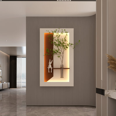 Décoration murale réglable en grès à 3 couleurs avec plantes vertes simulées, sculpture d'art 3D - vase en verre, statue de lapin et bandes lumineuses télécommandées, alimenté par USB pour le salon, la chambre à coucher, le couloir