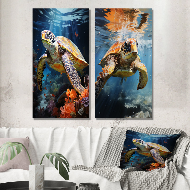 Dreamy Marine Encounter - Tortue, ensemble de 2 reproductions d'art mural, Toile tendue, H 28 po x l 25 po