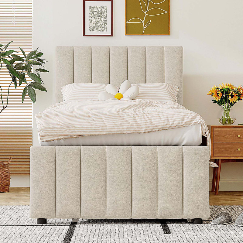 Lit plateforme simple tapissier avec lit gigogne et 3 tiroirs, tissu de lin, beige, Beige