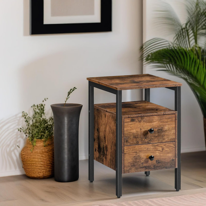 Dosch Wooden 2 Drawer Bedside Table Rustic Industrial Side End Tables Living Room Home Furniture, Dark Brown