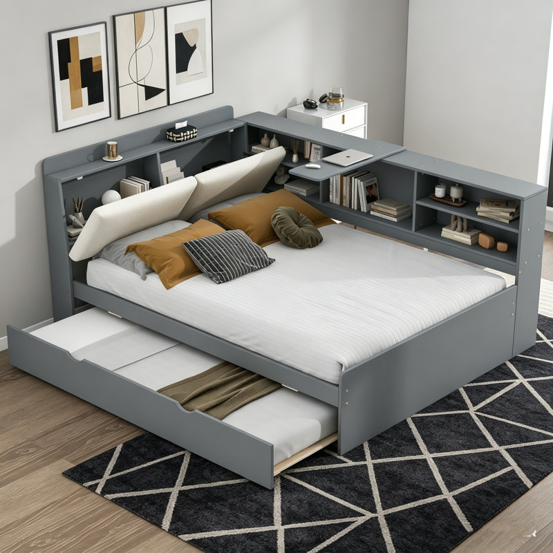 Lit plateforme avec tête de rangement, bibliothèque intégrée et 2 tiroirs, cadre de lit en bois avec dossier rembourré et lit escamotable, lit plateforme tapissier, cadre de lit multifonctionnel, lit robuste sans sommier, pour chambre à coucher, gris et Blanc