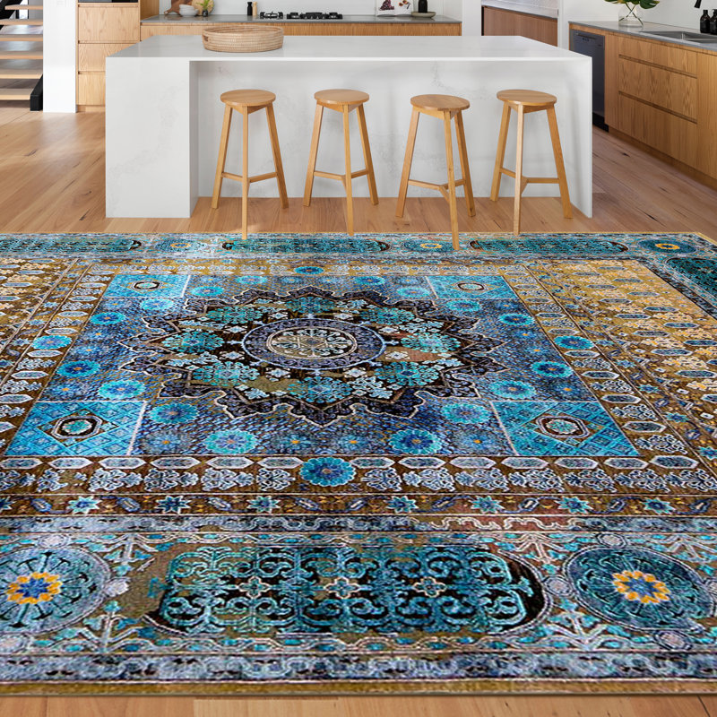 Oriental Area Rug in Camel/Blue, Rectangle 5' x 8'