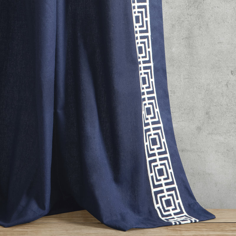 Lush Decor Luxury Modern Square Embroidery Border Semi-Sheer Single Curtain Panel, Navy
