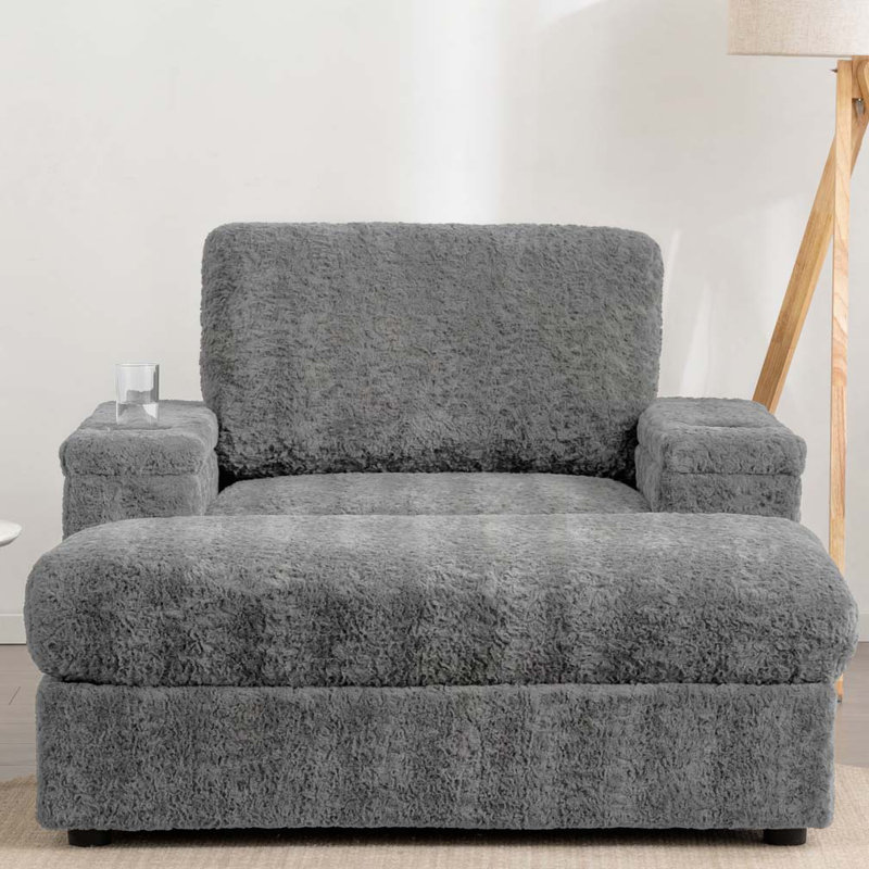 42" Oversized Upholstered  Sleeper Chair Chaise Lounge with Storage Ottoman and Armrests,Cup Holders, Gray