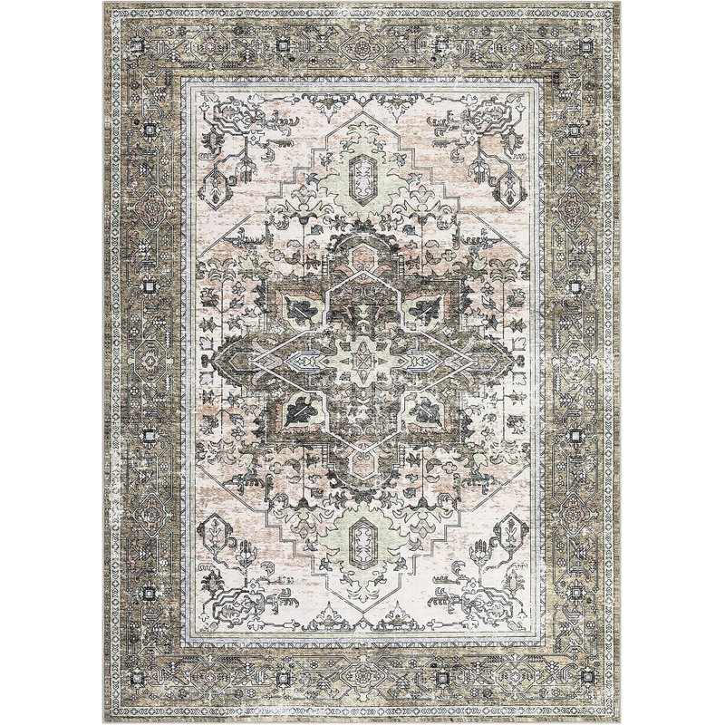 6X9 Washable Area Rug with Non-Slip Backing, Low-Pile Vintage Large Rug for Living Room Dining Room Bedroom, Low-Profile Indoor Carpet in Grey