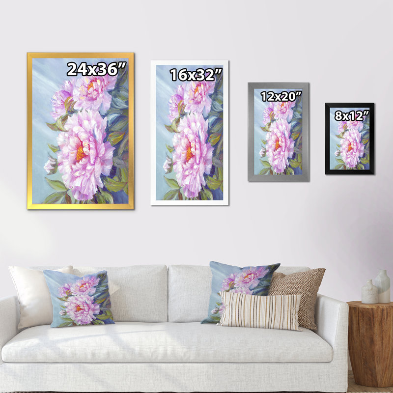 «Pink Peony Flowers Bouquet», reproduction d'art sur toile, H 12 po x l 8 po x P 1 po, Toile avec cadre blanc