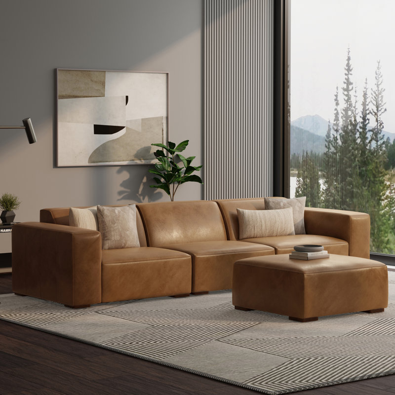 Rex Modular Sofa and Ottoman Set 122-inch-wide 3-Seater Leather Couch and Matching 34-inch-wide Table Ottoman for Living Room