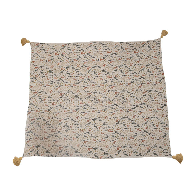 Neutral Floral Cotton Blend Throw Blanket with Tassels, 60" x 50"