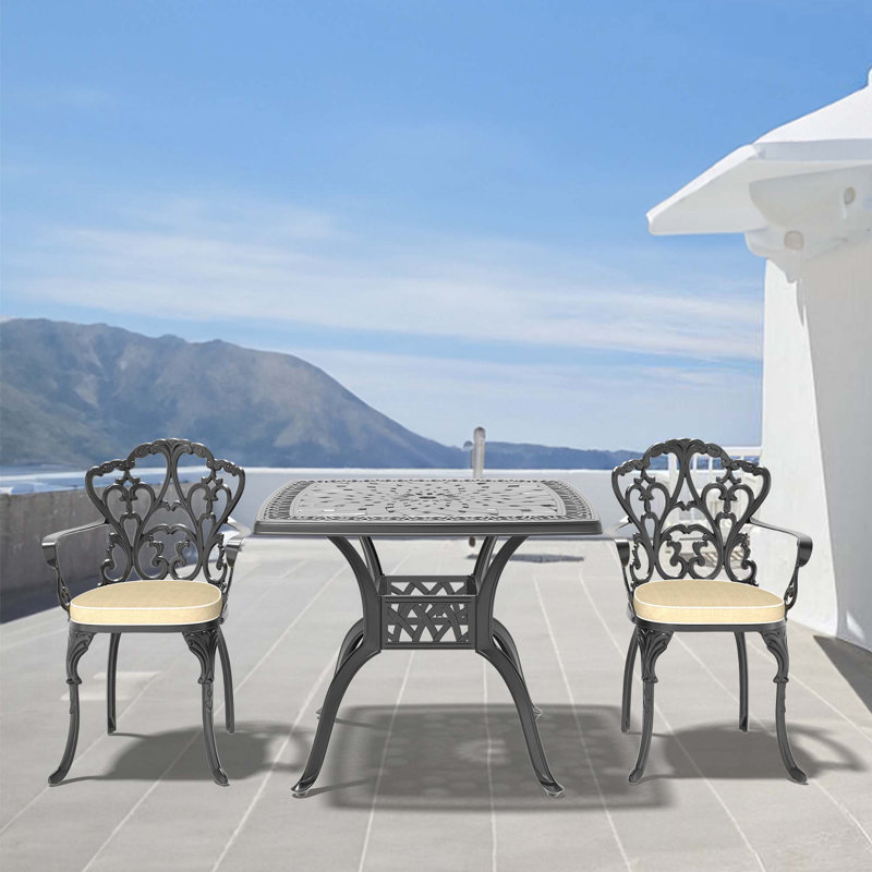 Ensemble de 3 meubles de patio en aluminium coulé avec structure noire et coussins de siège de couleurs aléatoires
