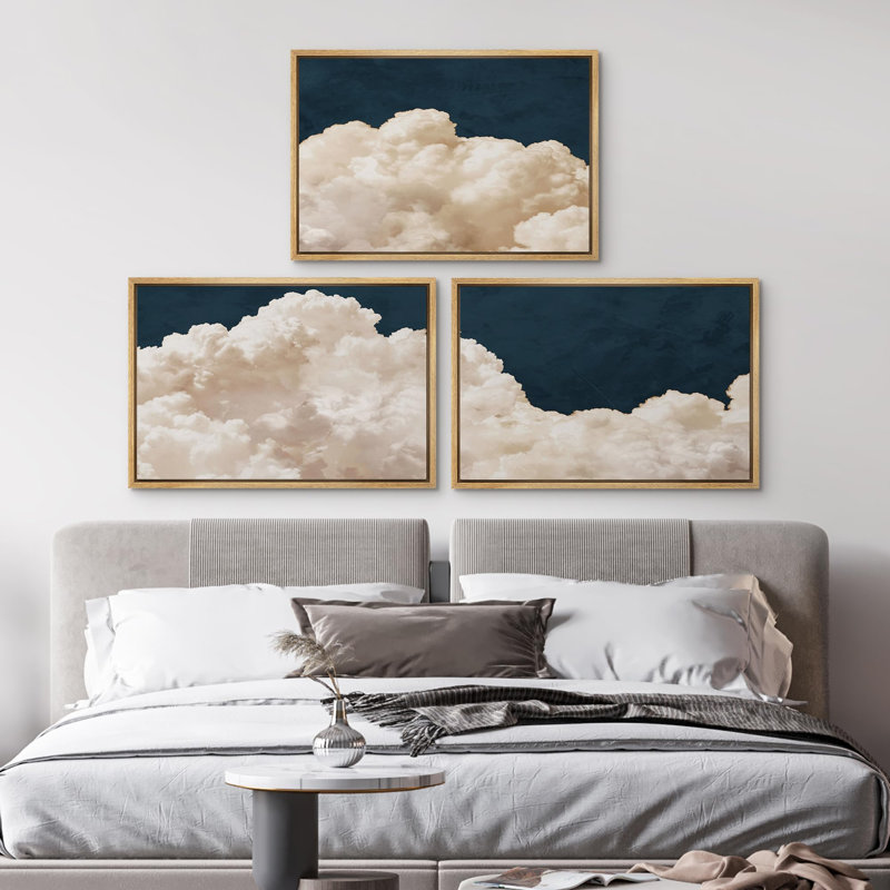 Illustration de nuages duveteux - 3 pièces, H 16 po x l 24 po, Encadré naturel