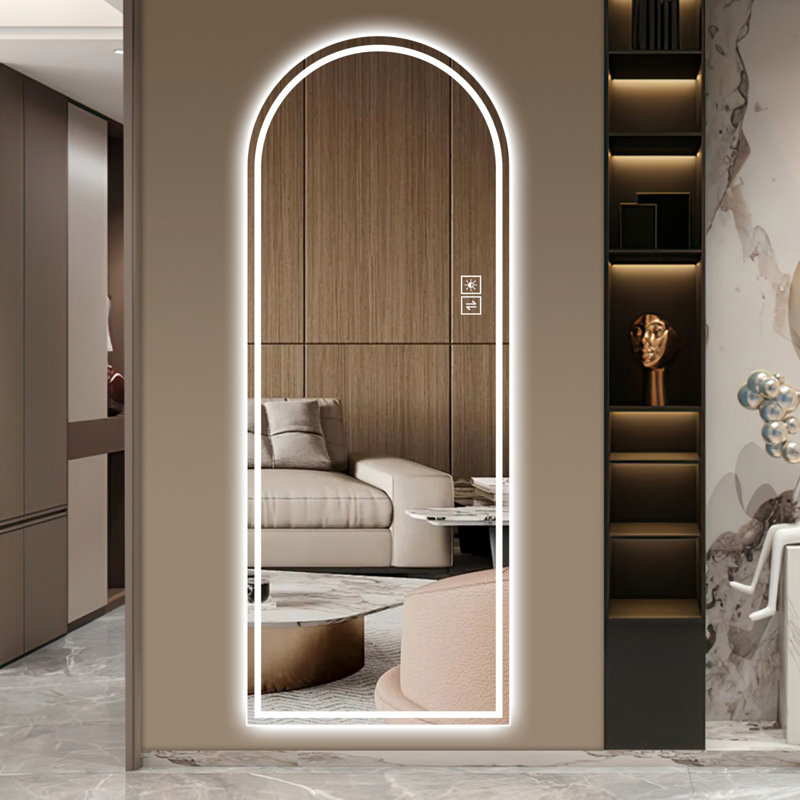 Miroir pleine longueur 65 po x 21 po à DEL arqué, à intensité variable, haute définition et antidéflagrant, debout ou fixé au mur