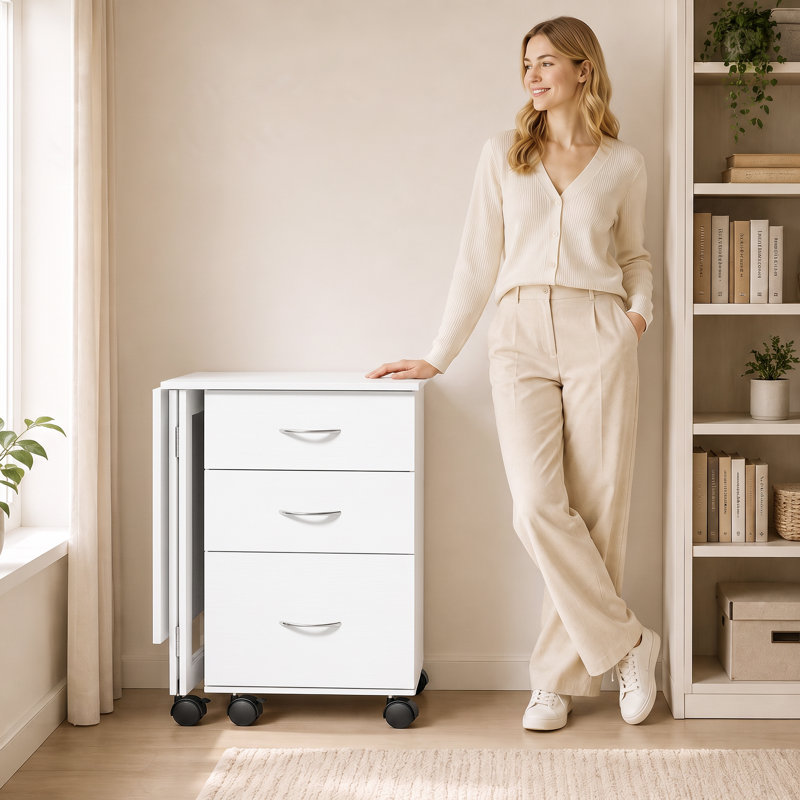 Bureau d'ordinateur pliable avec 3 tiroirs, roulettes, aspect bois blanc