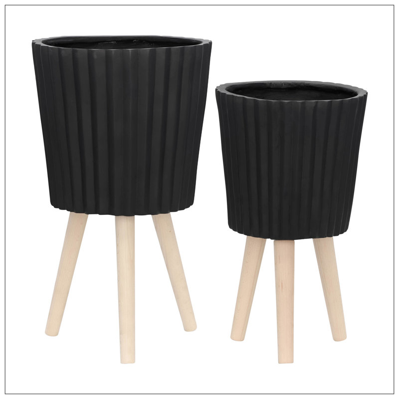 S / 2 DÉCORSEUR RIDGED 10/12 "AVEC PIEDS EN BOIS, NOIR (KD)