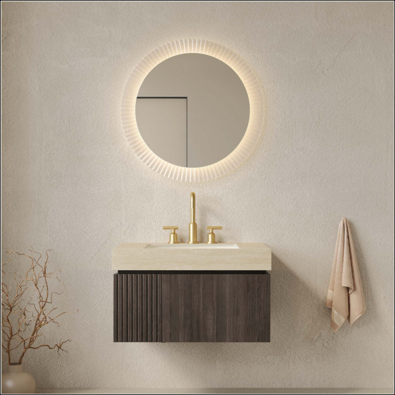 Meuble-lavabo de salle de bain, meuble de rangement flottant en contreplaqué avec tiroir et porte, comptoir en pierre frittée Roma Travertine et lavabo en céramique avec 3 trous de robinet pré-percés, pré-assemblé