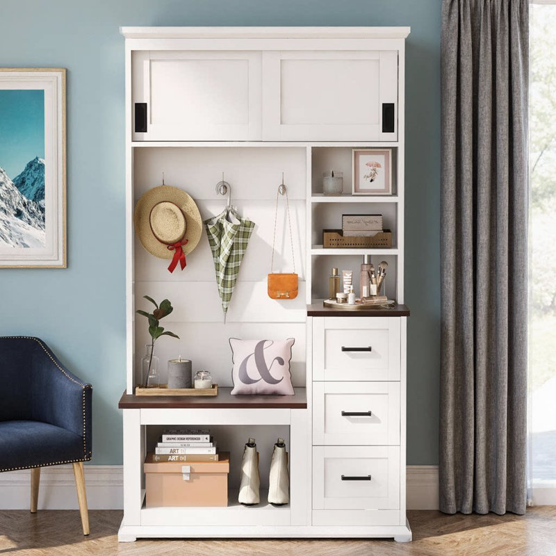 Modern Entryway Bench with Coat Rack | 40.2" Wide Hall Tree with 3 Shelves, 3 Drawers & 3 Hooks | White & Walnut Hallway Storage Bench for Living Room, Entryway, or Mudroom