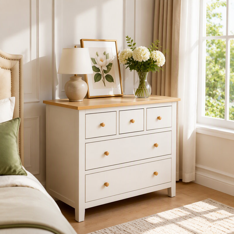 Table de chevet moderne en bois à cinq tiroirs avec poignées robustes et grand espace de rangement pour répondre à tous vos besoins d'organisation dans la chambre.