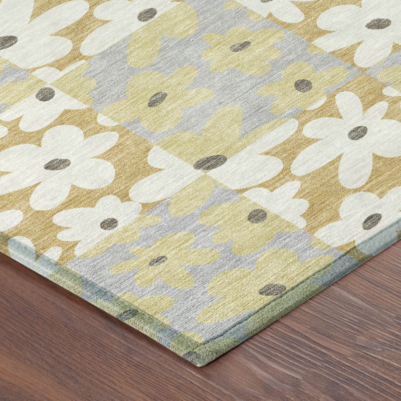 Machine Washable Indoor/Outdoor Chantille ACN2476 Floral Rug, Gold, 8' Round