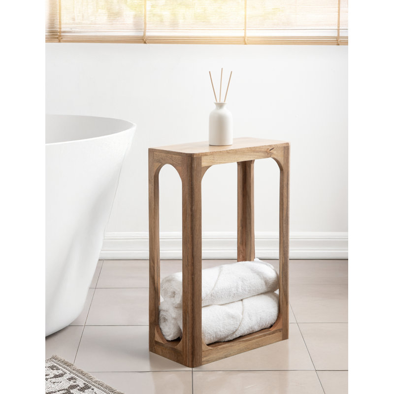 Dahl Slatted Mango Wood Slim Side Table for Use as Narrow Bedroom Nightstand, Medium Wood/Tan