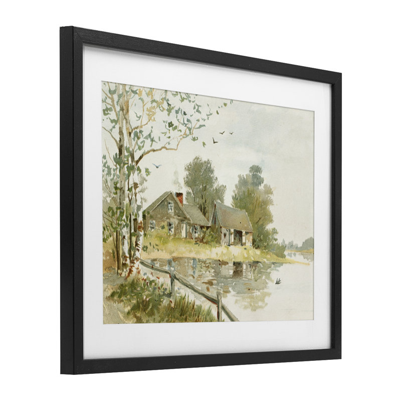 Cabin Along River's Edge Framed Print Under Glass, design by Lettered and Lined, 13" H x 16" W, Midnight Black Frame