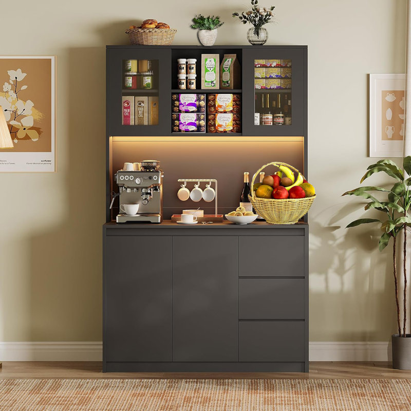70'' Kitchen Pantry Cabinet With Power Outlet, Black