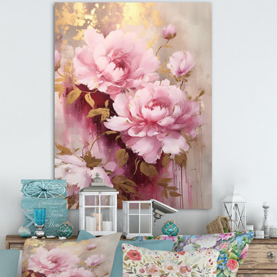 Rose et pivoines dorées dans un éclat - pivoines, art mural large