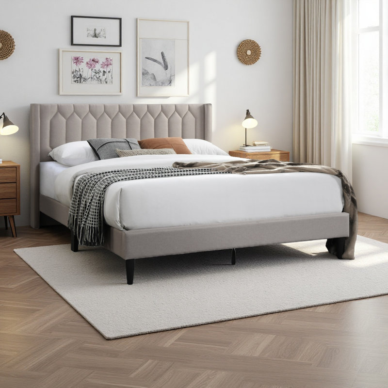 Structure de tête de lit moderne en tissu de jute brun clair avec lit en tissu brun clair moderne