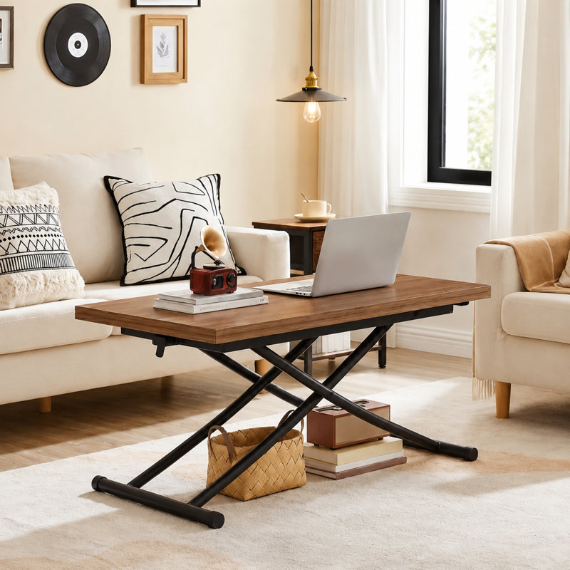 Table élévatrice convertible moderne de 43,3 po avec plateau rabattable et hauteur réglable, Noir, Bois naturel