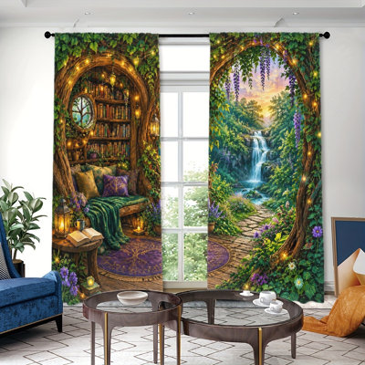 2PCS Enchanted Forest Reading Nook Waterfall Landscape Thin Light Filtering Curtains with Fairy Lights, Cozy Corner Decor, Rod Pocket Design, All-Season for Home Living Room Bedroom Study Decoration