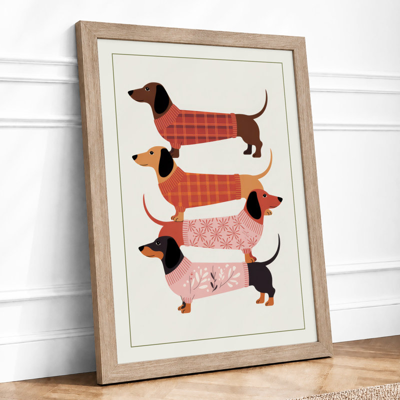 Stacked Dachshunds Mid-Century - Framed Print, A1 - 84.1 x 59.4 cm, Oak