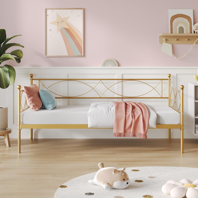 Twin Metal Daybed | Durable Steel Frame with Headboard | Space-Saving Sofa Bed for Bedroom or Guest Room, Gold-1, Gold