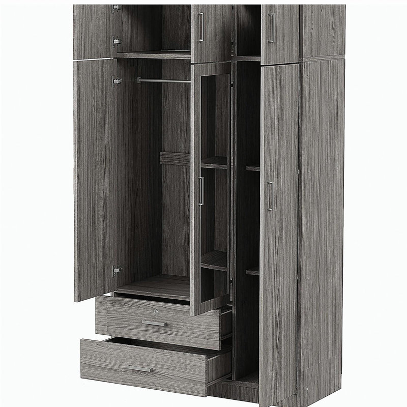 Armoire à miroir 3 portes, avec 2 tiroirs et armoire supérieure, gris