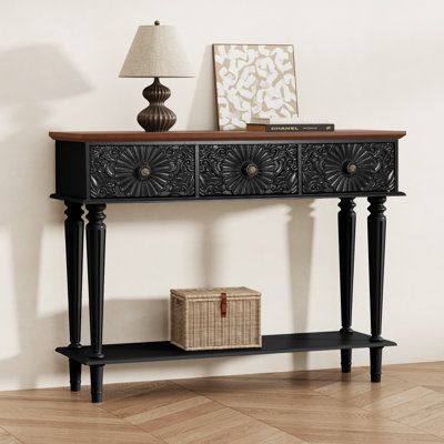 42" Console Table with 3 Hand-Carved Sunburst Rosette Drawers, Slim Accent Sofa Table with Tapered Legs and Lower Shelf, Green