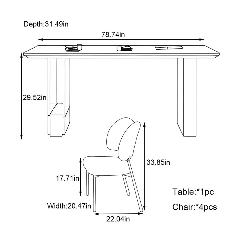 Ensemble de table de salle à manger rectangulaire de style rétro, H 29,52 po x L 78,74 po x l 31,49 po