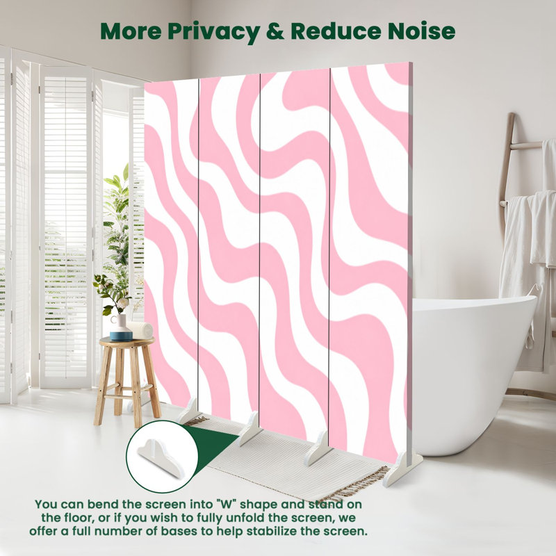 Cloison pliante 4 panneaux à paravents en toile de style rétro blanc et rose, 4, 71" H x 64" W x 1" D