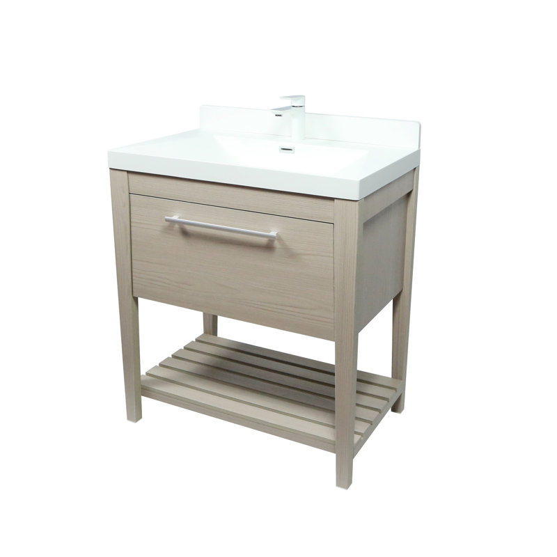 Meuble-lavabo simple 31,5 po avec comptoir en granite, Gris clair, Blanc