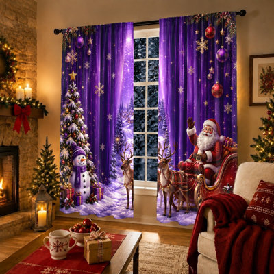2Pcs Christmas Snowman Santa Claus Sleigh Window Curtains, Festive Winter Scene Room Decor Rod Pocket Light Filtering Drapes For Living Room Bedroom Kitchen