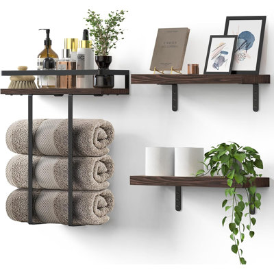 Porte-serviettes en bois massif brun rustique 16 pouces - Tablette flottante murale pour salle de bain / chambre / cuisine / salon