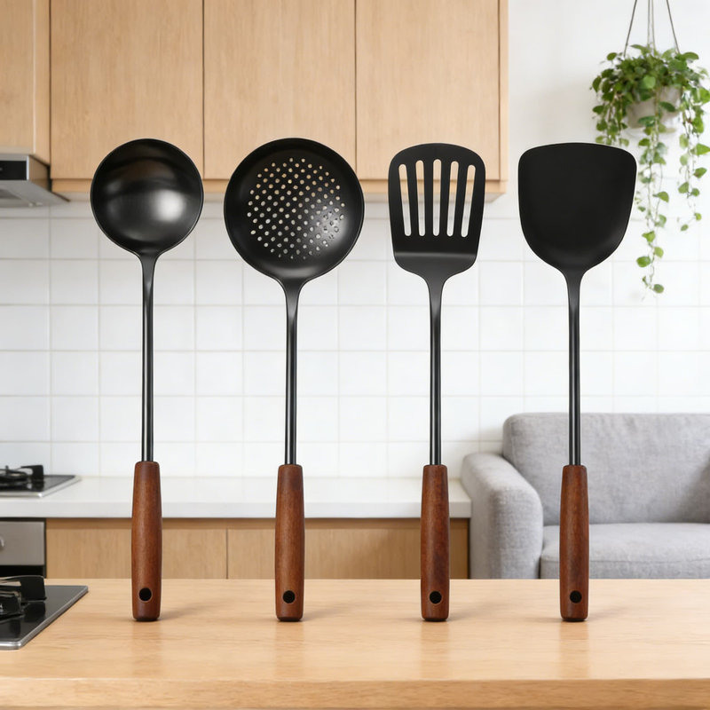 Ensemble d'ustensiles de cuisine Professional en acier inoxydable 304 avec poignée en bois, 4 outils de cuisson longs, résistant à la chaleur, lavable au lave-vaisselle, poignée ergonomique pour la cuisson et la friture
