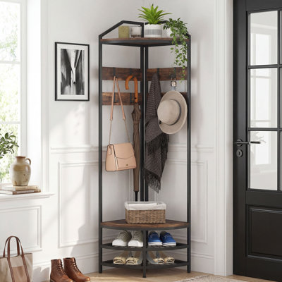 Corner Hall Tree, Industrial 4-Tier Coat Rack with Shoe Storage, 8 Movable Hooks and 2 Storage Shelves, Freestanding Entryway Coat Rack with Steel Fra