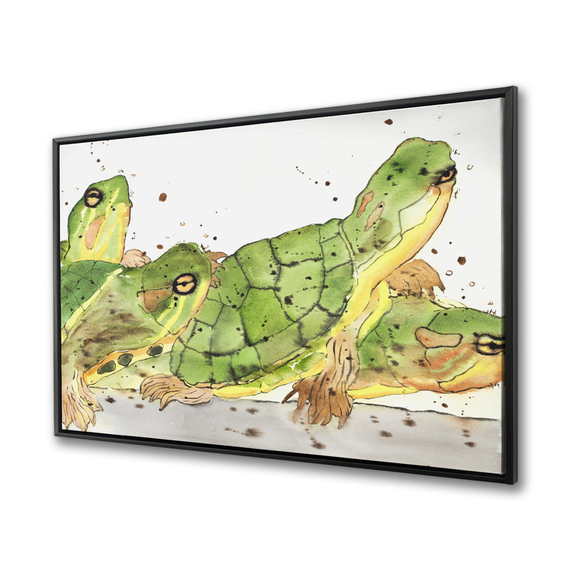Small Aquatic Turtles Canvas - Green Framed Home Decor Art