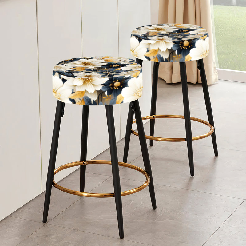 Blue And Beige Flowers Chrysanthemums Pattern I - Floral Bar Stools Set Of 2