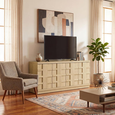 Modern TV Stand for TVs up to 75 Inches, 61.93 Inch Wood Entertainment Center with Woven Pattern Doors, Storage Cabinets and Adjustable Shelves