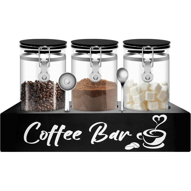 Contenant à café en verre avec tablette Organisateur de station de café Boîte de rangement de grains de café en verre noir 54 oz avec cuillère Ensemble de contenants à café pour la cuisine